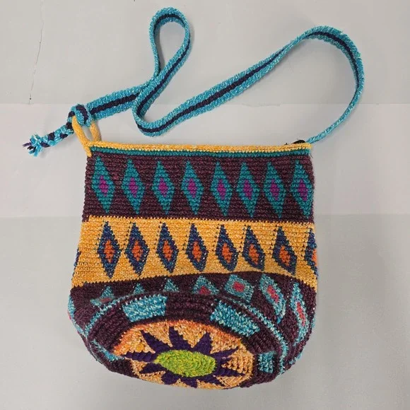 Handmade Crochet Shoulder Bag Boho Geometric Pattern Multicolor‎ Strap - Picture 2 of 7